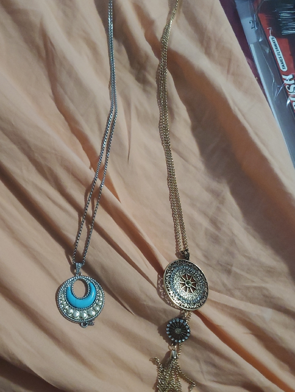 Silver& Blue Crescent/ Gold Tone Circle Pendant- 2 Boho Necklaces